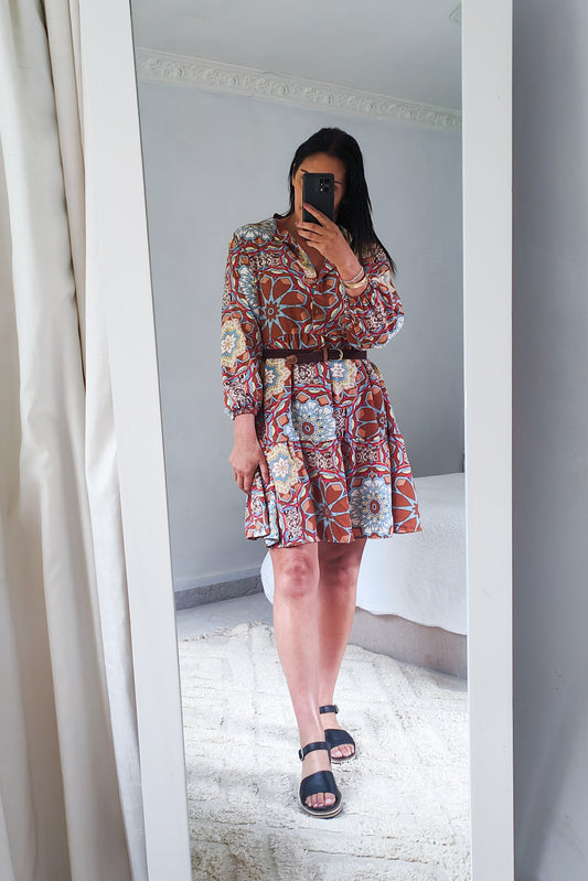 Retro Print LS Shift Dress - Caramel