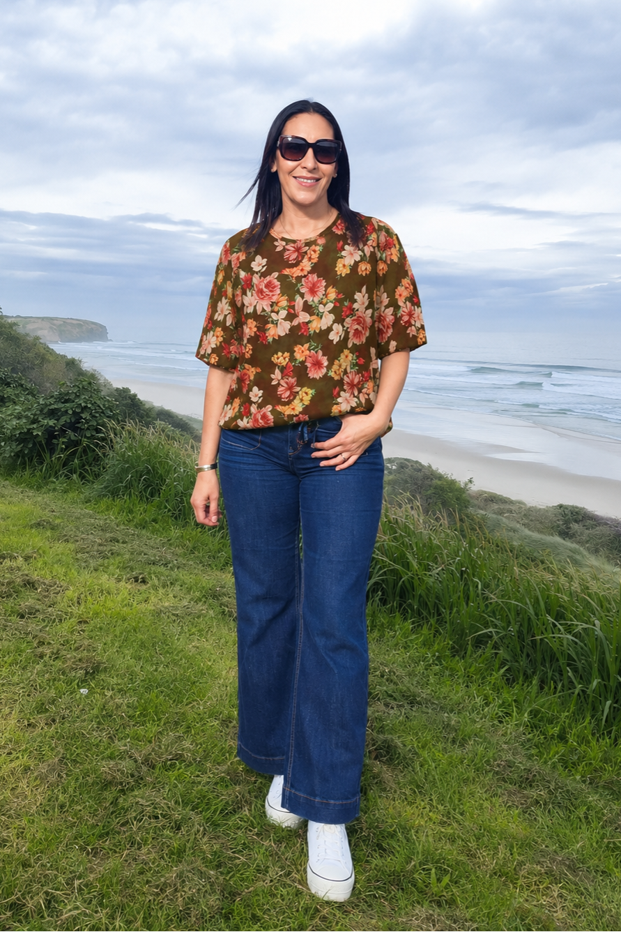 Short Sleeve Verity Tie Top - Faded Rust Floral