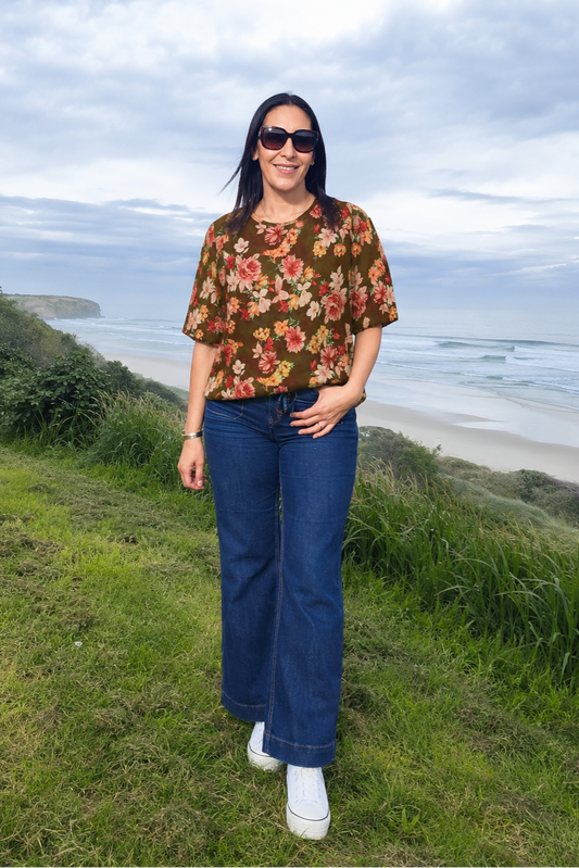 Short Sleeve Verity Tie Top - Faded Rust Floral
