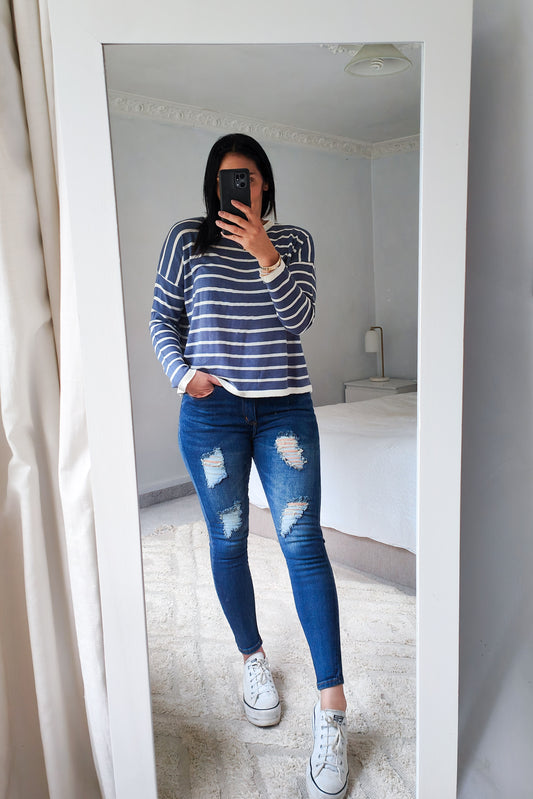 Relaxed Stripe Featherweight Knit - Blue/White