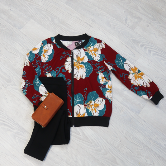 Bright Coloured Floral Zip Up -Wine