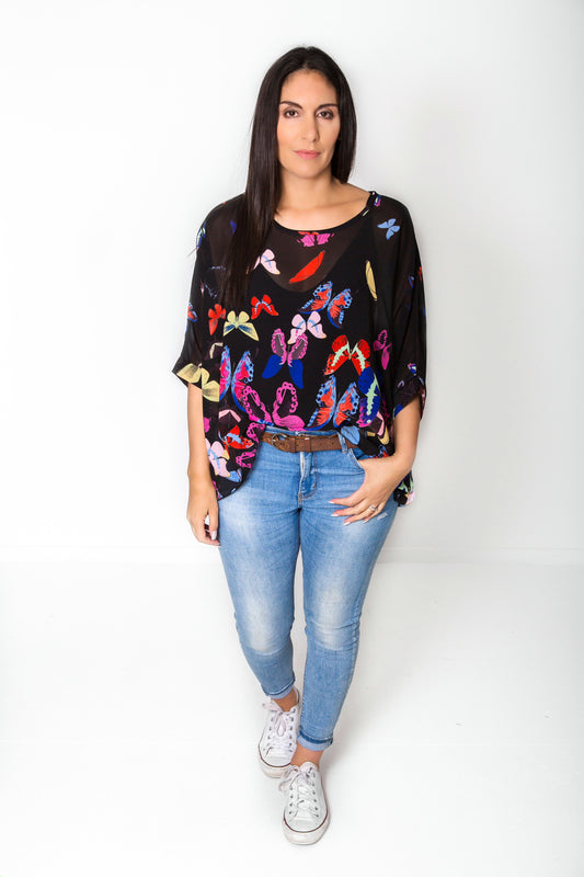 Black Butterflies Draped Top - Wild Collection