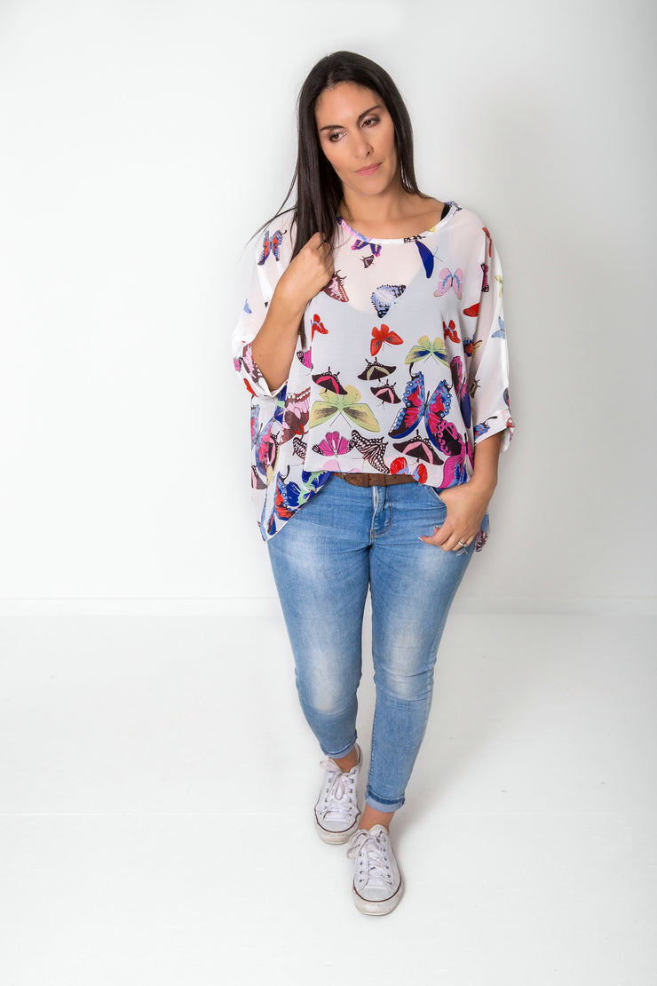 White Butterflies Draped Top - Wild Collection
