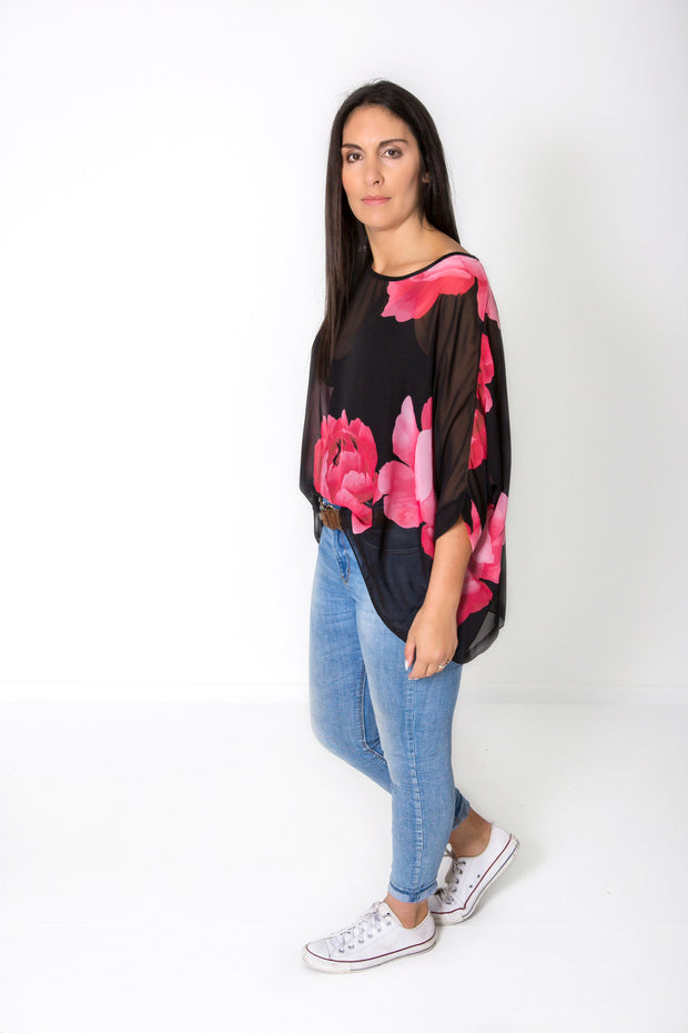 PRE-ORDER** Contrast Red Floral Draped Top - Floral Collection
