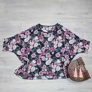PRE-ORDER** Black & Pink Cosmos Draped Top - Floral Collection