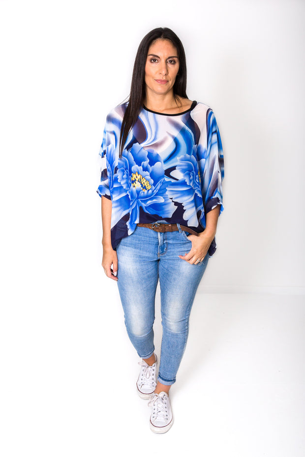 Bold Blue Flower Draped Top - Floral Collection