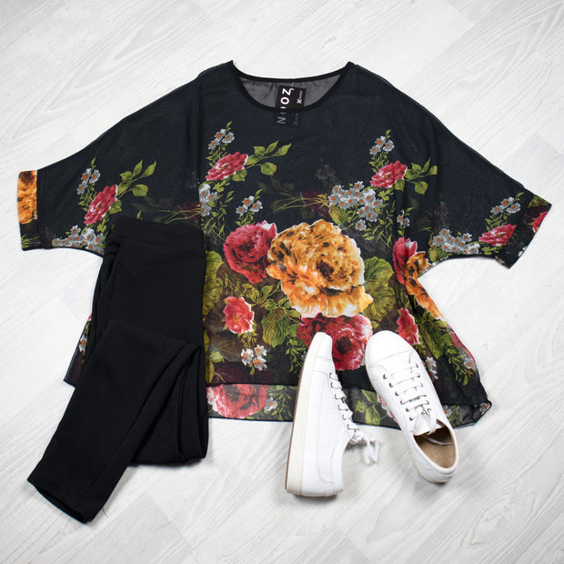Black Bold Floral Draped Top - Floral Collection
