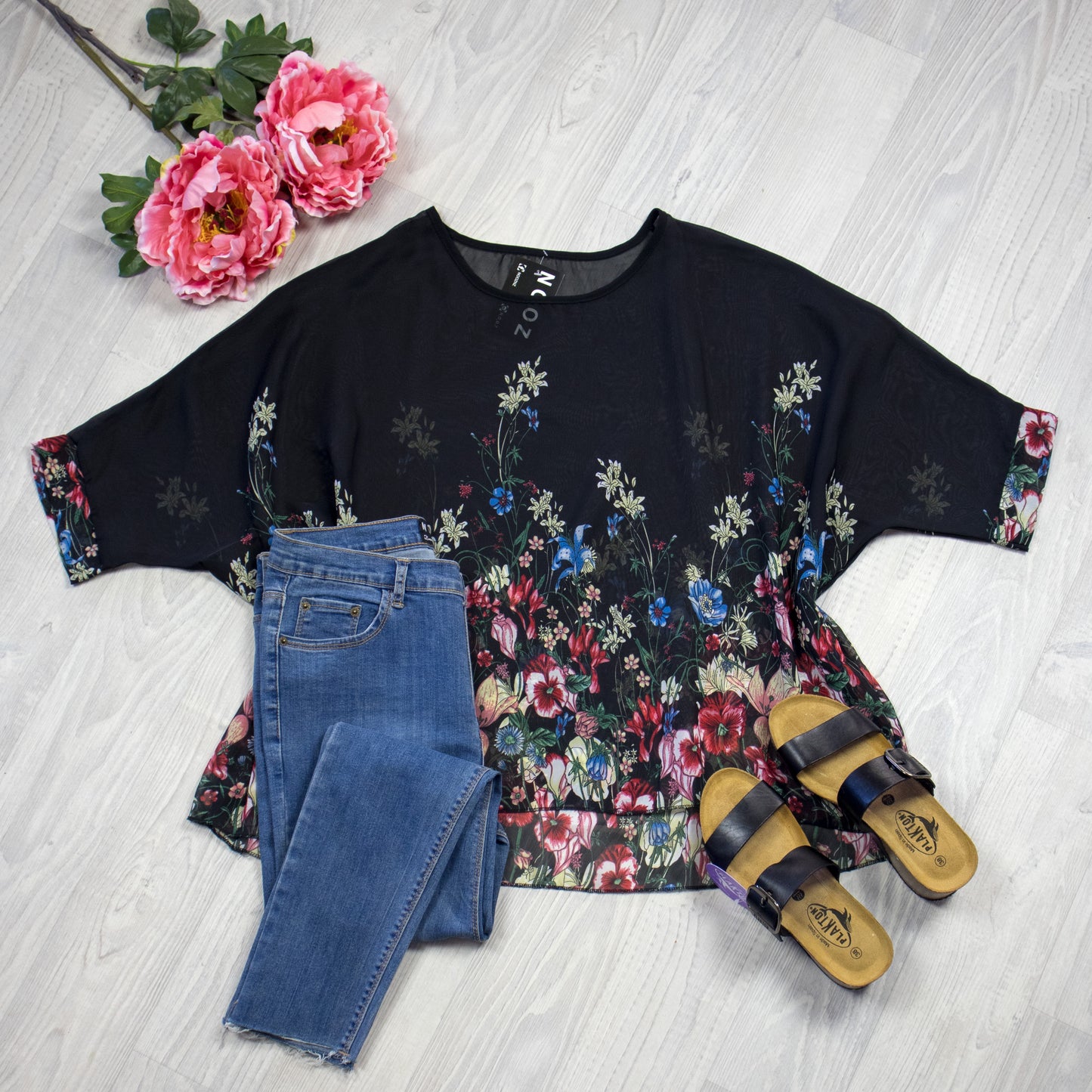 Black Delicate Floral Draped Top - Floral Collection