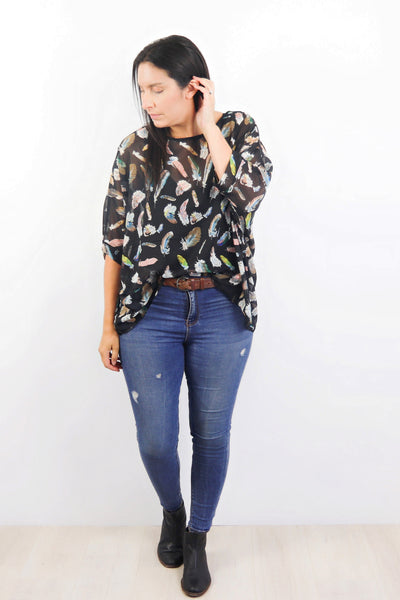 Black Feathered Draped Top - Wild Collection