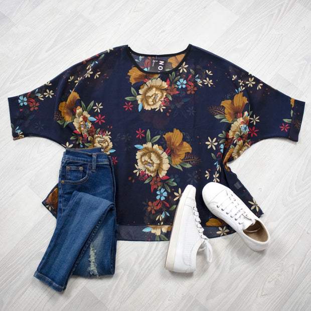 Dark Navy Floral Draped Top - Floral Collection