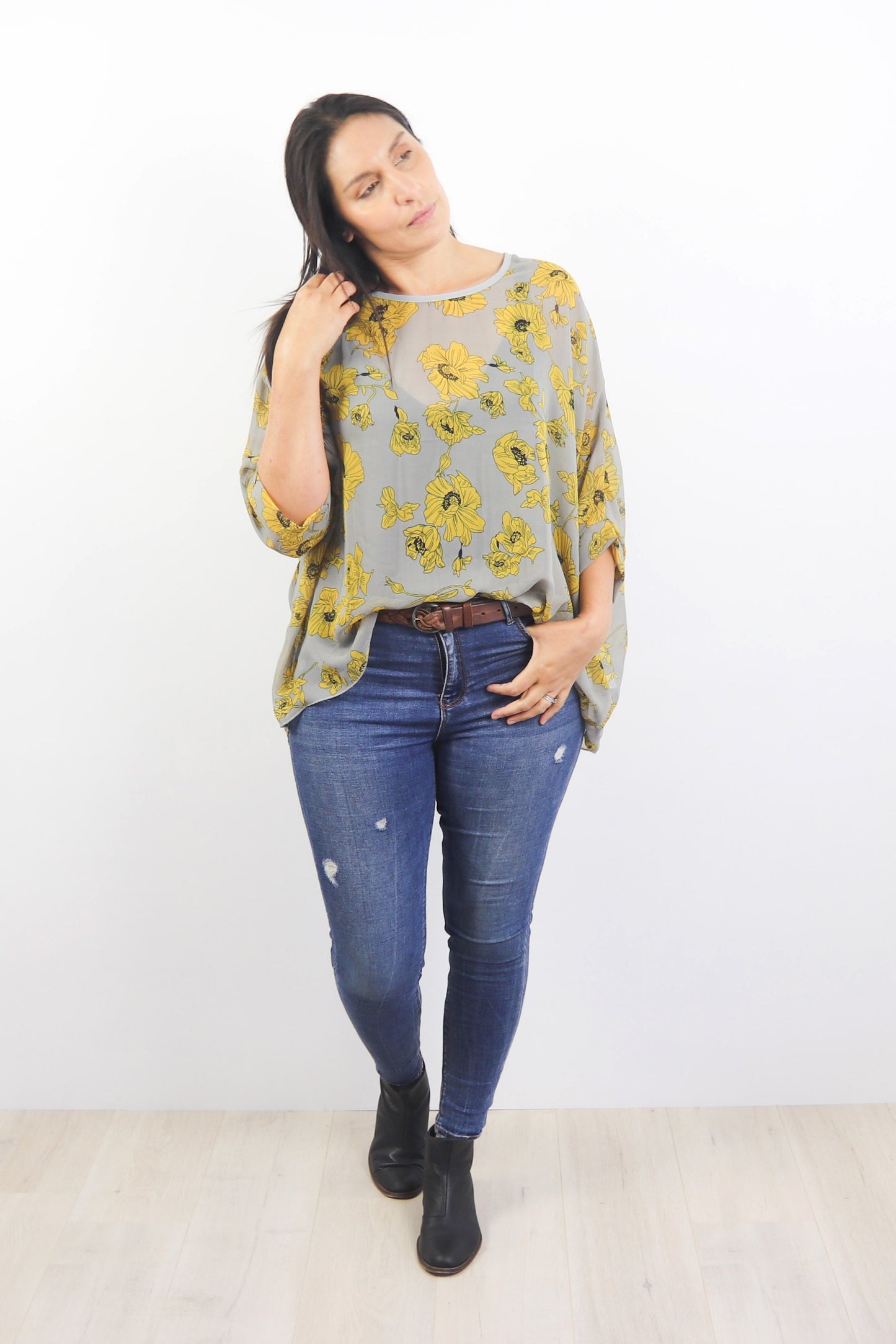 Grey & Mustard Floral Draped Top - Floral Collection