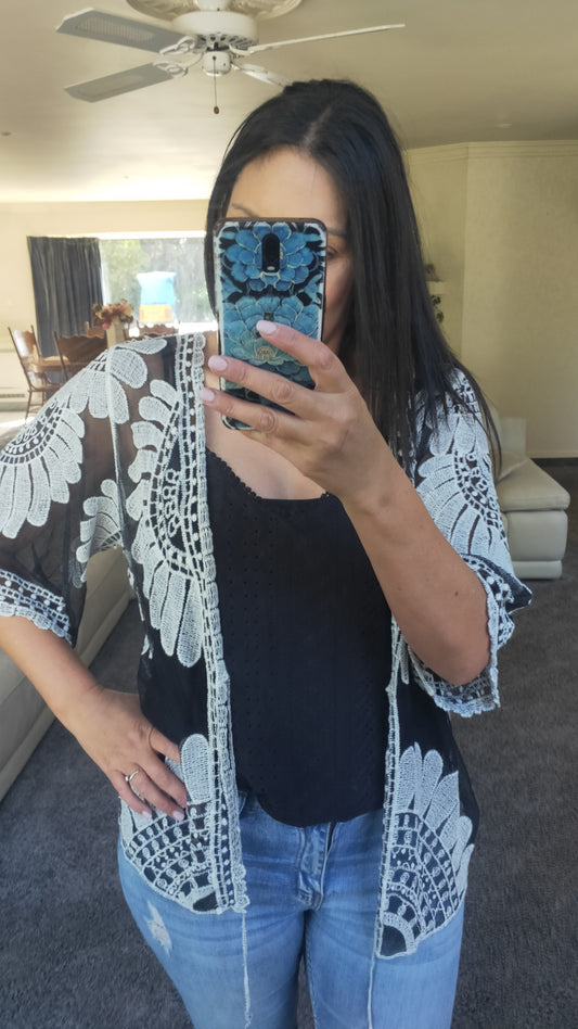 Short Tatiana Embroidered Cardi - B&W