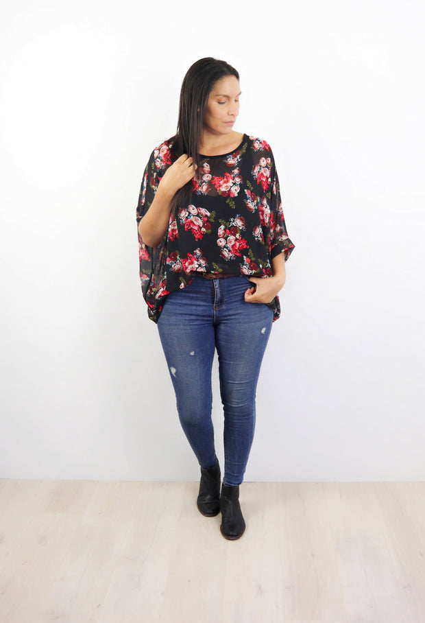 PRE-ORDER** Black & Red Floral Draped Top - Floral Collection
