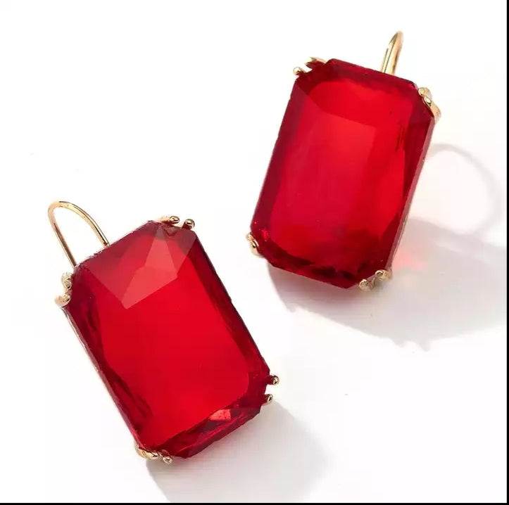 Square Drop Crystal Earrings - Red