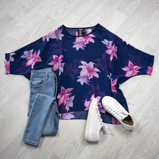 PRE-ORDER**Navy & Fuchsia Floral Draped Top - Floral Collection