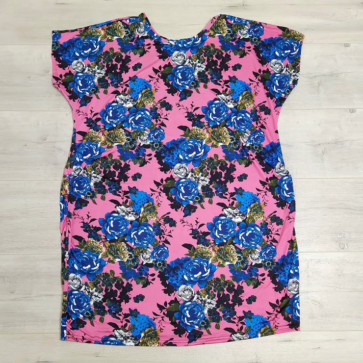 Stretchy Slouchy T-Shirt Dress - Pink & Blue Garden
