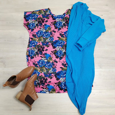 Stretchy Slouchy T-Shirt Dress - Pink & Blue Garden