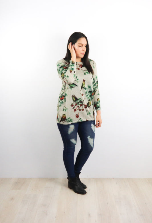 Vintage Bird Print Acrylic Jersey-Beige