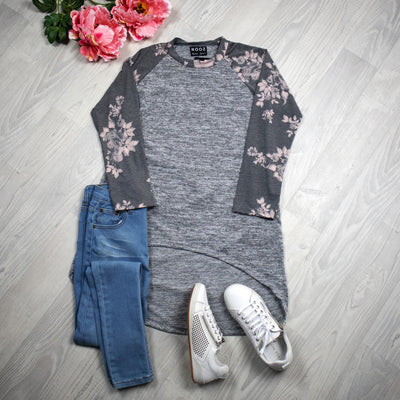 Quinn Grey Marl Top - Floral Sleeve