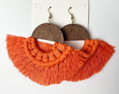 Orange Macrame Tassel Wooden Earrings