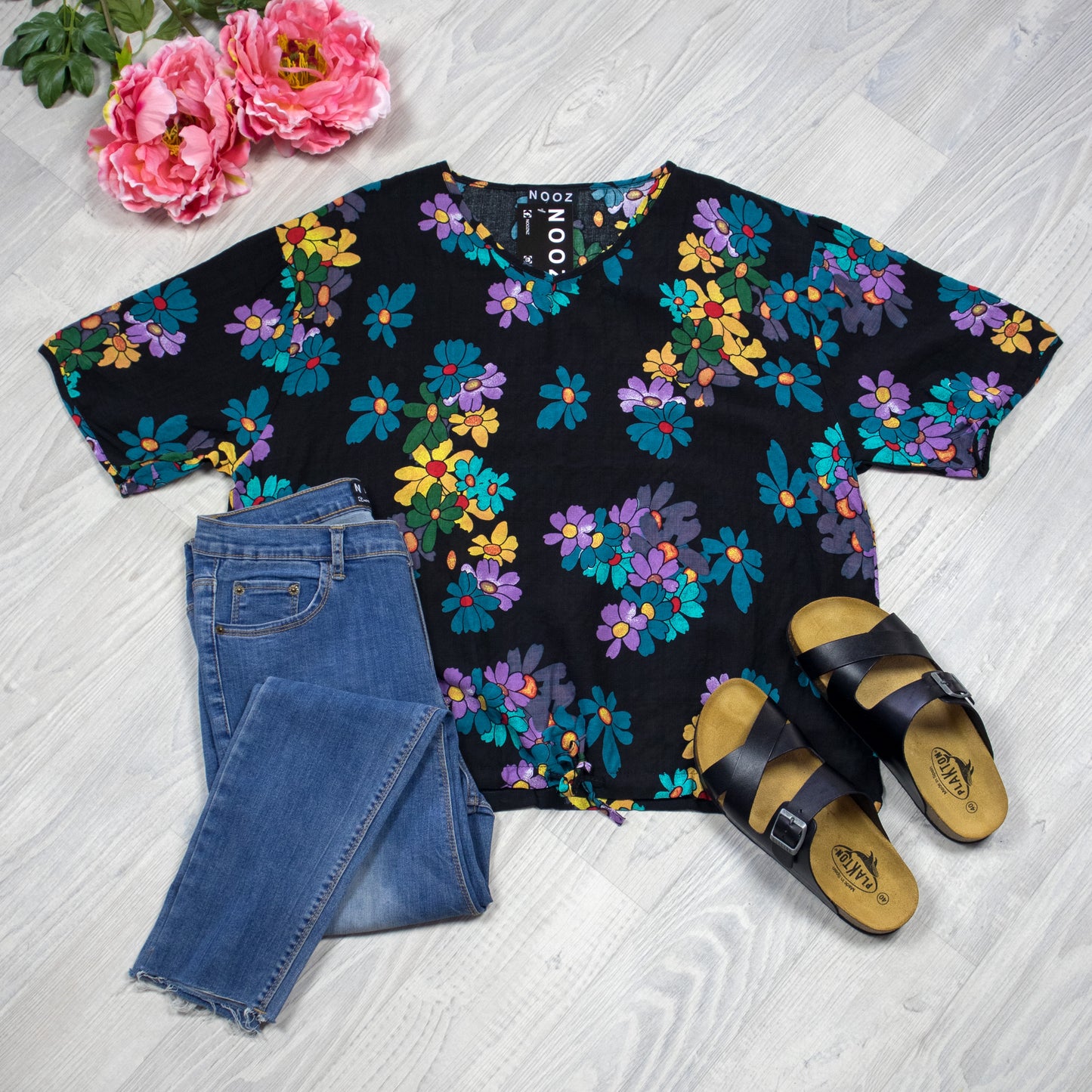 Short Sleeve Verity Tie Top - Midnight Blossom