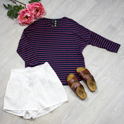 Thin Stripe Batwing Molly Top - Navy/Pink