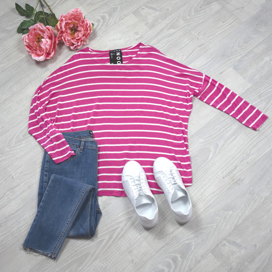 Wide Stripe Batwing Molly Top - Hot Pink/White