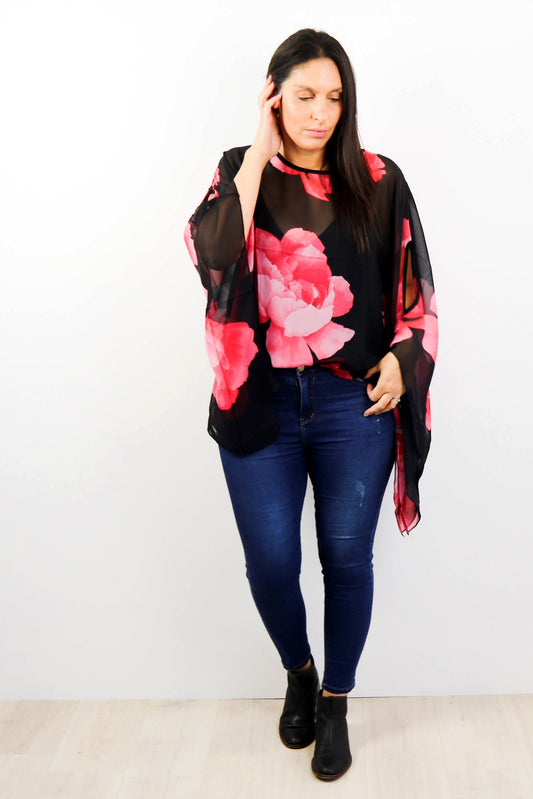 Butterfly Top - Contrast Black & Red Floral
