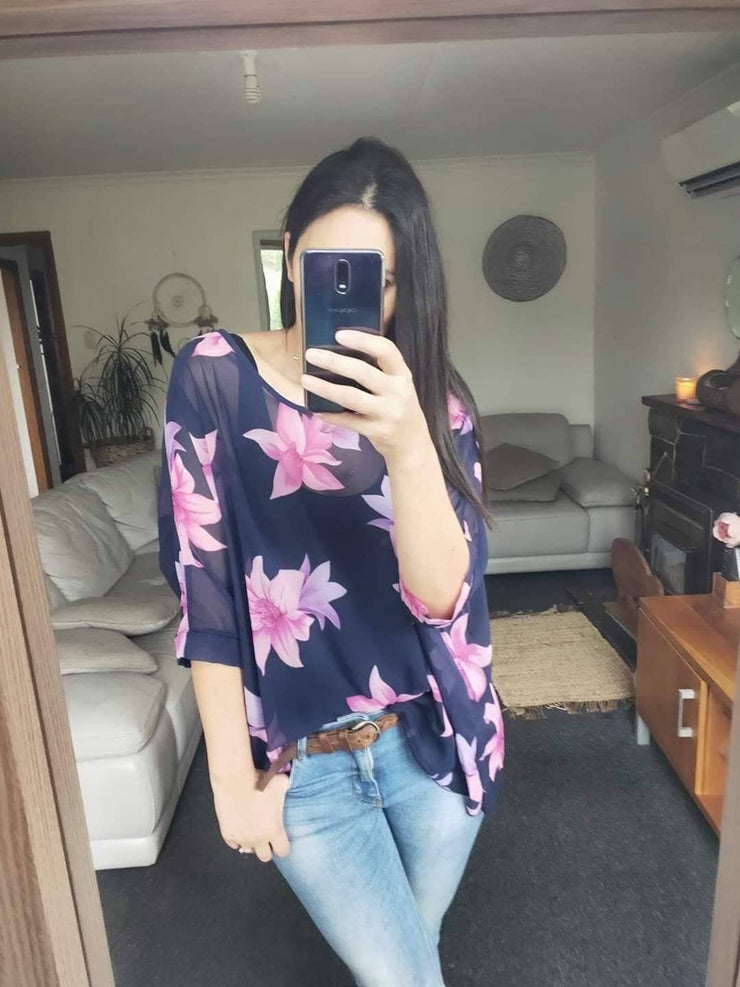 PRE-ORDER** Navy & Fuchsia Floral Draped Top - Floral Collection
