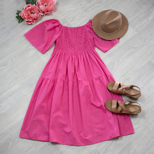 Plain Shirred Bust Louisa Dress - Hot Pink
